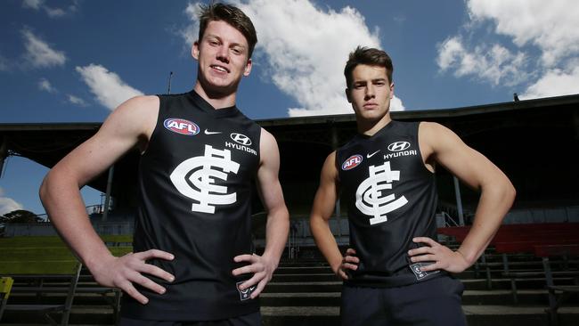 Stocker (right) and No.1 pick Sam Walsh at Ikon Park. Picture: Michael Klein