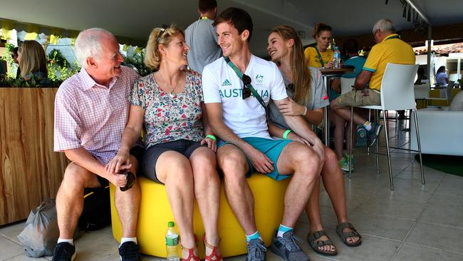 Tom and Mollie Kavanagh meet up with their son Angus Kavanagh and his girlfriend Adinda Gribben as Athletes gather at the "Edge", the Australian Olympic team meeting place in Rio for training and to relax.