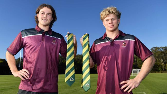 Sunshine Coast rugby union talents Saxon Thompson and Kye Porter with their Australian Barbarians ties. Picture: Patrick Woods.