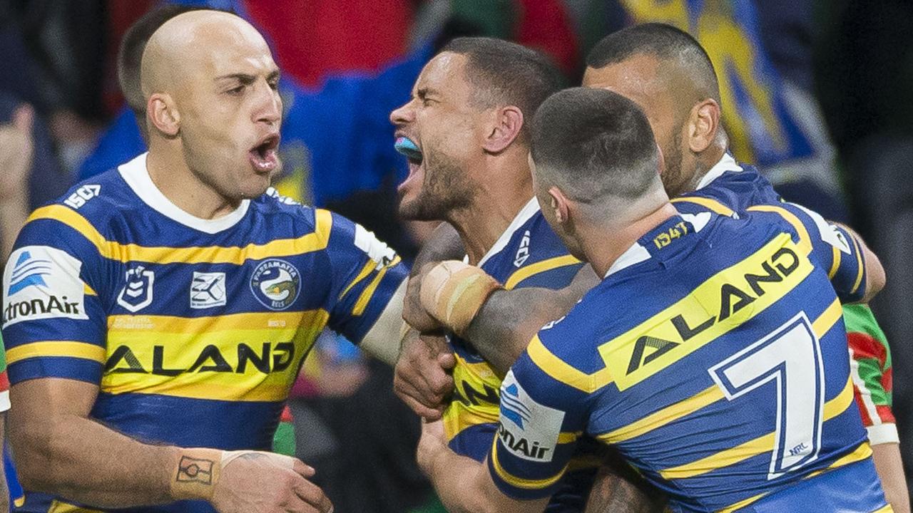 Josh Hoffman celebrates a try against South Sydney.