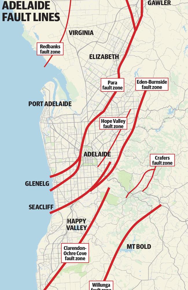 A map showing the fault lines which run through Adelaide and surrounding areas.