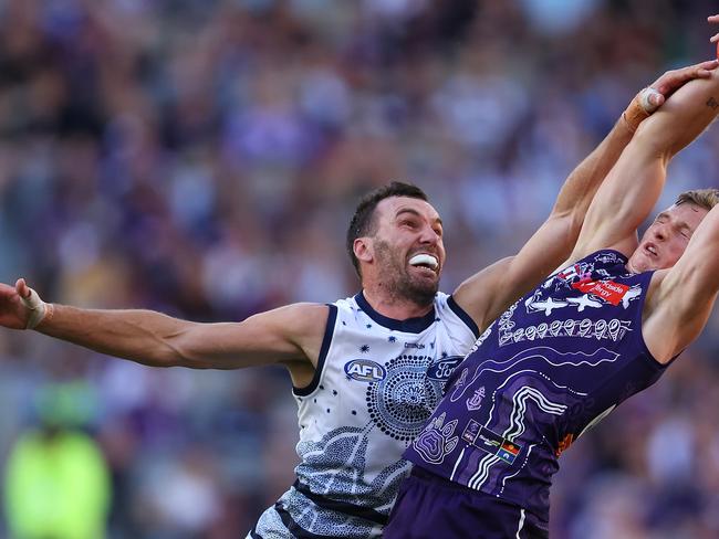 Jonathon Ceglar competes against Fremantle. Picture: Paul Kane/Getty Images