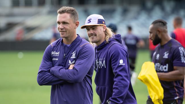 Melbourne Storm training at GMHBA Stadium, Geelong. Joel Selwood and Ryan Papenhuyzen. Picture: Brad Fleet