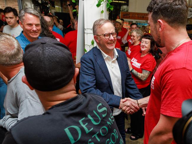 Prime Minister Anthony Albanese arrives at Willie the Boat Man brewery, St Peters, on Sunday to celebrate his victory. Picture: Justin Lloyd.
