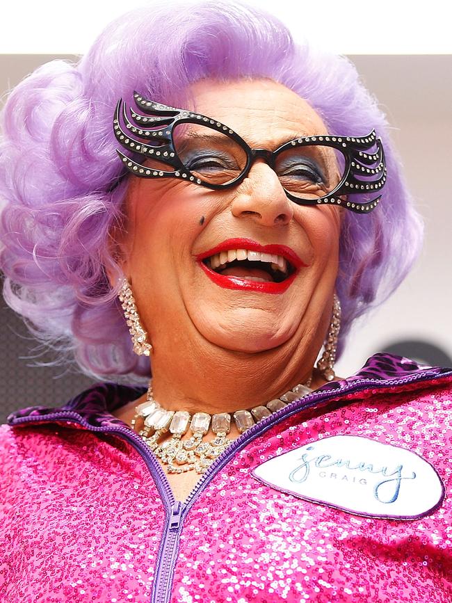 Dame Edna during a fitness class in Sydney in 2013. Picture: Getty Images