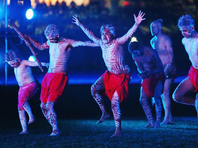 Performers take to the stage during the 2017 Indigenous Round match between Richmond and Essendon. Picture: Michael Dodge/Getty