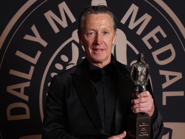 SYDNEY, AUSTRALIA - OCTOBER 02: Craig Bellamy head coach of the Storm poses with the Coach of the Year Award during the 2024 Dally M Awards at Royal Randwick Racecourse on October 02, 2024 in Sydney, Australia. (Photo by Mark Metcalfe/Getty Images)