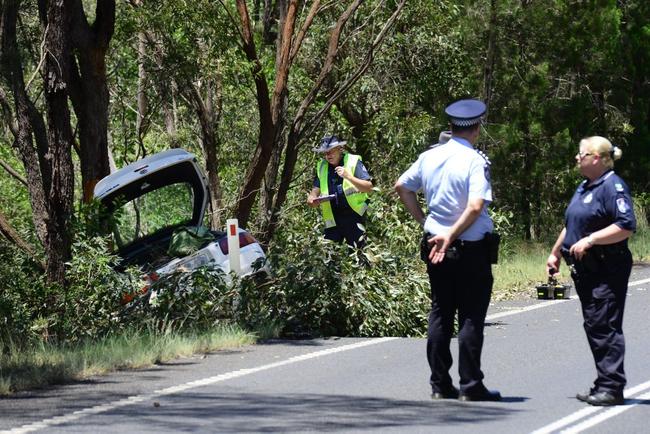 Police investigate a fatal car accident on the Gatton-Esk Road at Mt Hallen. Photo: David Nielsen / The Queensland Times. Picture: David Nielsen