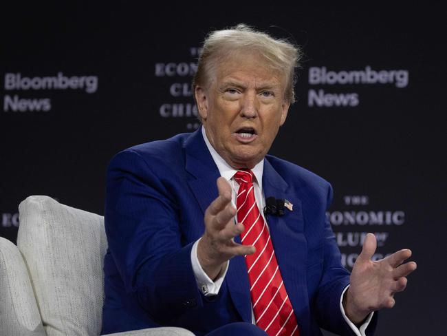 CHICAGO, ILLINOIS - OCTOBER 15: Republican presidential nominee former President Donald Trump Is interviewed by Bloomberg News Editor-in-Chief John Micklethwait during a luncheon hosted by the Economic Club of Chicago on October 15, 2024 in Chicago, Illinois. Recent polls have Trump virtually tied with Democratic presidential nominee Vice President Kamala Harris as the race heads into the final stretch.   Scott Olson/Getty Images/AFP (Photo by SCOTT OLSON / GETTY IMAGES NORTH AMERICA / Getty Images via AFP)