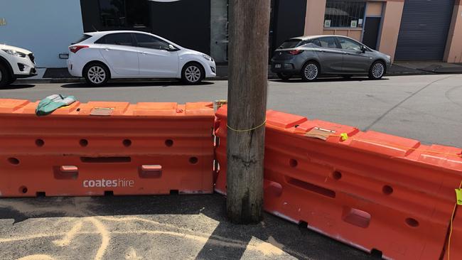 Barriers placed around the power pole at Foundry St. Wickham for safety.