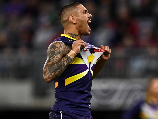PERTH, AUSTRALIA - MAY 06: Michael Walters of the Dockers celebrates a goal during the 2023 AFL Round 08 match between the Fremantle Dockers and the Hawthorn Hawks at Optus Stadium on May 6, 2023 in Perth, Australia. (Photo by Daniel Carson/AFL Photos via Getty Images)
