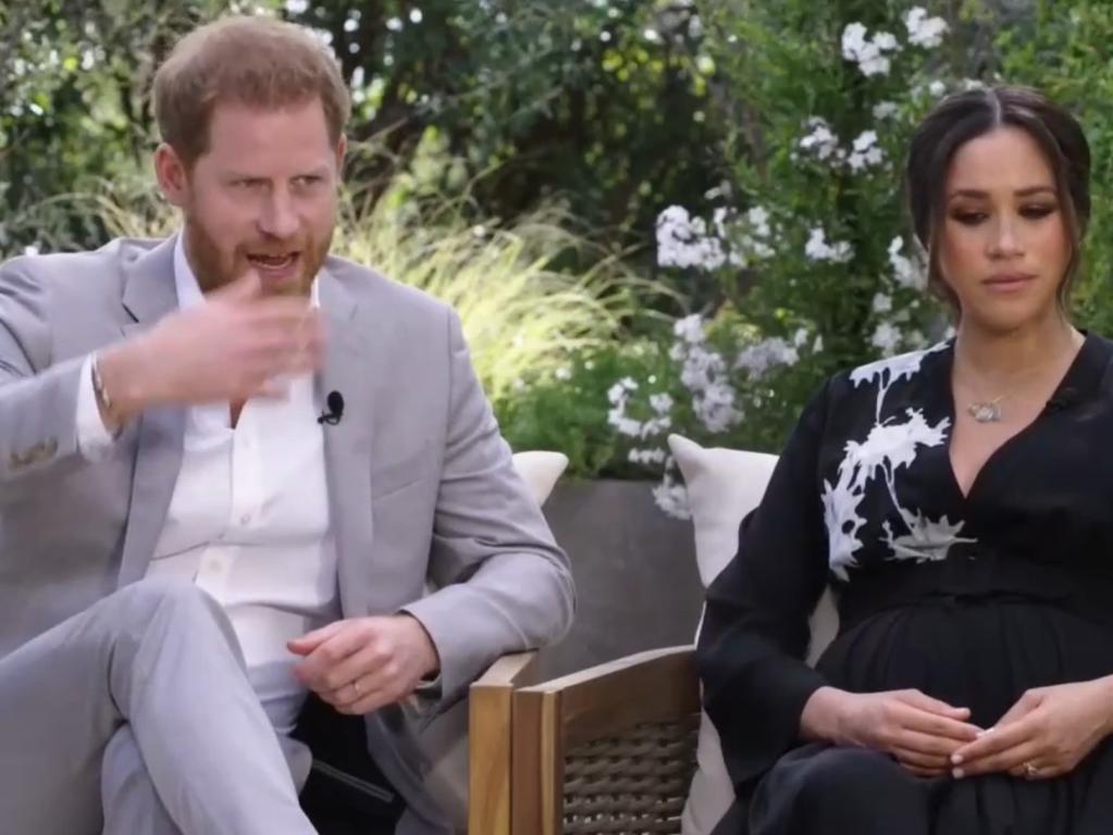 Prince Harry and Meghan Markle during their explosive tell-all with Oprah, which aired while Prince Philip was in hospital. Picture: Supplied