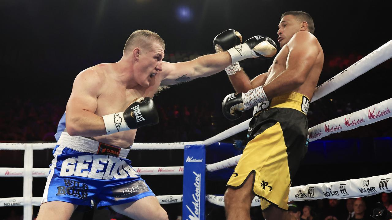 Paul Gallen forces Justin Hodges back in his final bout. Picture: Mark Evans/Getty Images