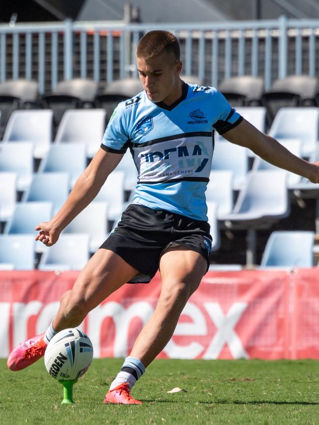 Cronulla's Chevy Stewart takes a shot at goal in an earlier Harold Matthews Cup clash.  Picture / Monique Harmer