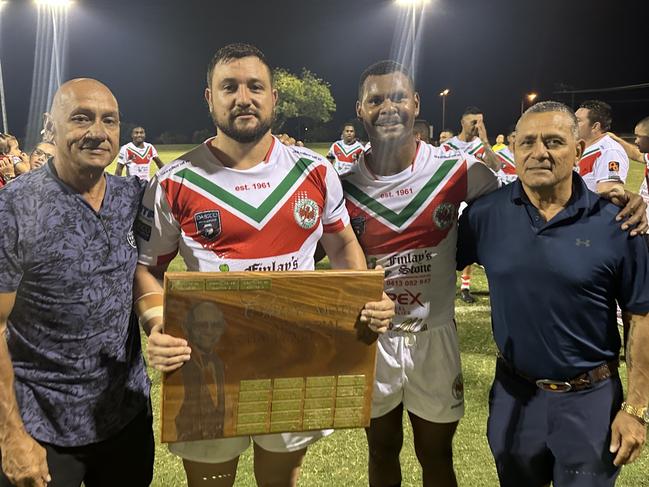 Paul Motlop and Mark Motlop present Nightcliff Dragons captains Brenton Motlop and David Tabuai with the Chico Motlop Shield in Round 7 of the NRL NT season.