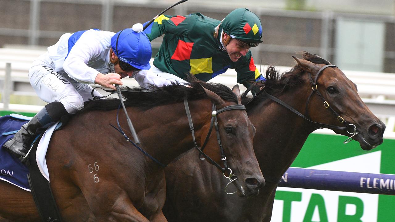 Alligator Blood (right) edged out Catalyst in a thriller at Flemington. Picture: AAP