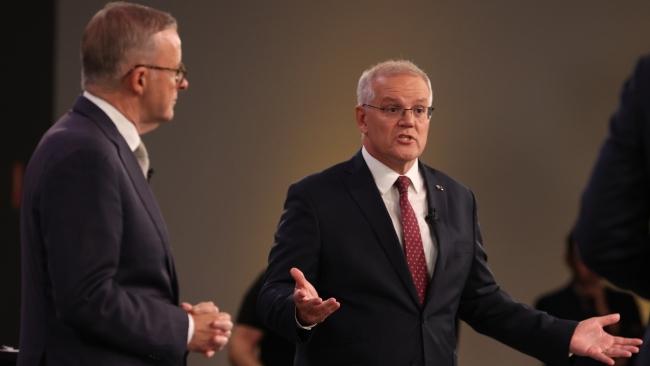 FEDERAL ELECTION TEAM 2022. LEADERS DEBATE.  POOL IMAGES. 20/4/2022Sky News / The Courier-Mail Peopleâs Forum with Scott Morrison and Anthony Albanese at the Gabba in Brisbane in front of 100 undecided voters, the first debate of the federal election. Picture: Jason Edwards