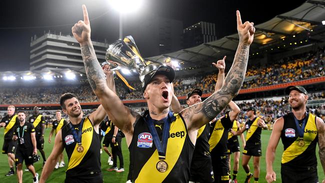 Dustin Martin celebrates winning the 2020 AFL Grand Final win at the Gabba. Photo: Bradley Kanaris/AFL Photos/via Getty Images