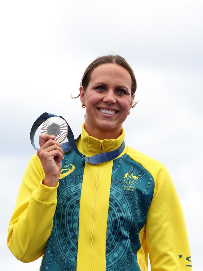 Women's 10km swimming silver medalist Moesha Johnson of Team Australia poses for a photo on day fourteen of the Olympic Games Paris 2024 (Photo by Pascal Le Segretain/Getty Images)