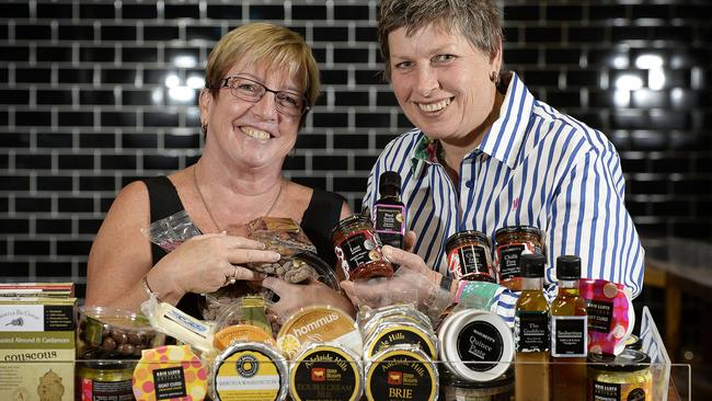 Local food producers Margaret Jones and Vicki Matchett with some of their products at the newly opened McLaren Vale Foodland IGA in 2015. Picture: Bianca De Marchi