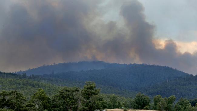 Thick clouds of smoke rise from a bushfire at Bee Tree Hill just south of Judbury in the Huon Valley. Picture: PATRICK GEE