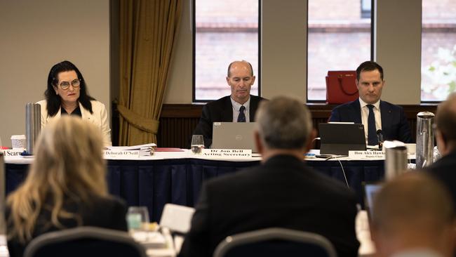 Committee member senator Deborah O’Neill, acting secretary John Bell and Alex Hawke during questioning of ASIC. Picture: Jane Dempster