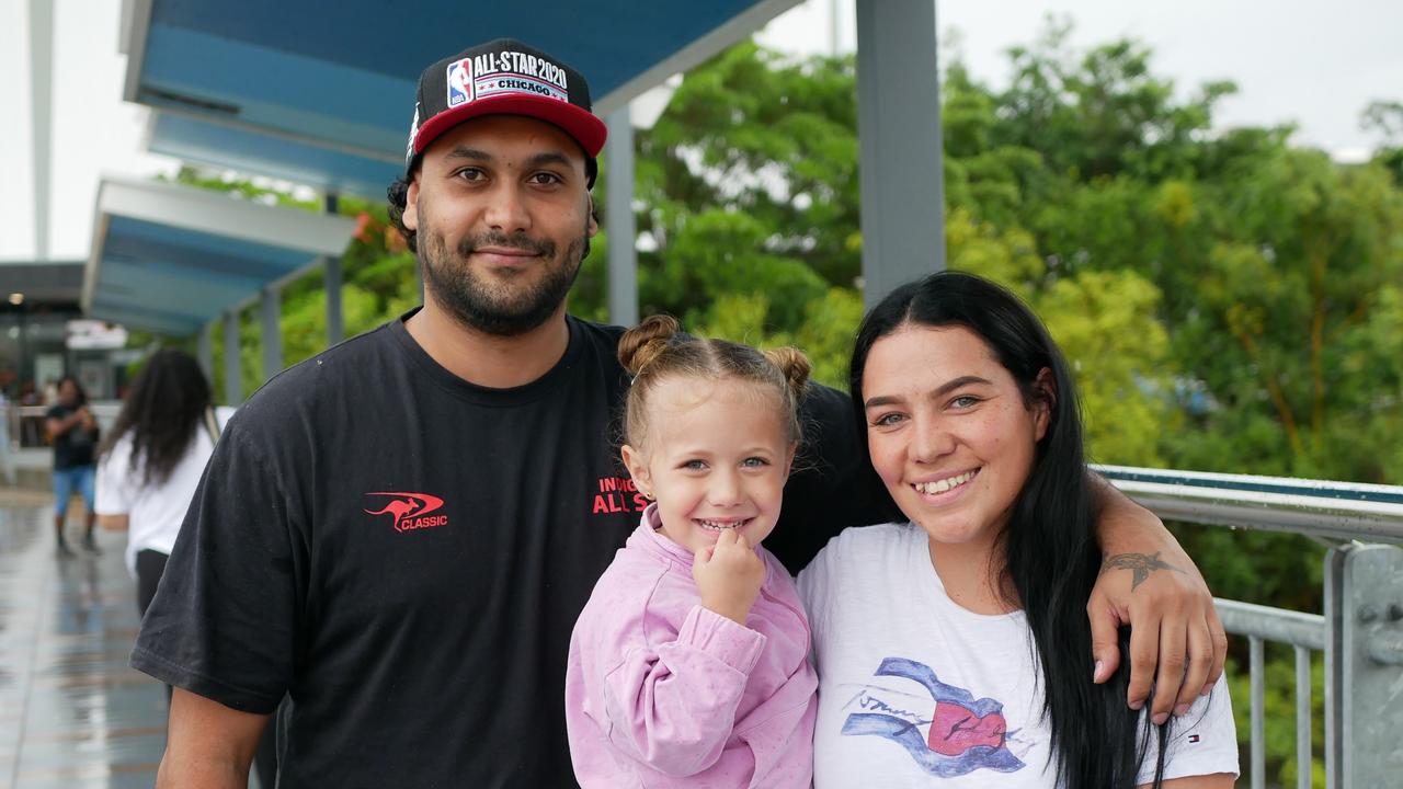 Kieren Webber, Mila, 3, and Taheisha before the NRL All Stars matches in Townsville on Friday. Picture: Blair Jackson