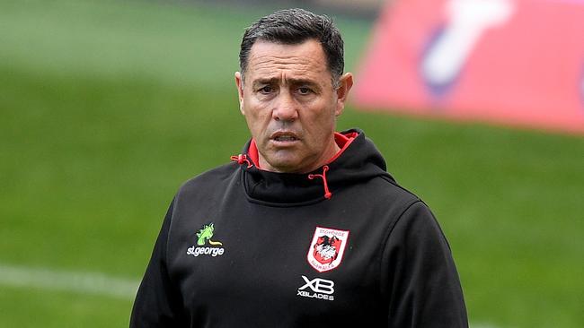 Dragons assistant coach Shane Flanagan looks on during the warm-up ahead of the Round 4 NRL match between the Canterbury-Bankstown Bulldogs and the St George Illawarra Dragons at Bankwest Stadium in Sydney, Monday, June 8, 2020. (AAP Image/Dan Himbrechts) NO ARCHIVING, EDITORIAL USE ONLY