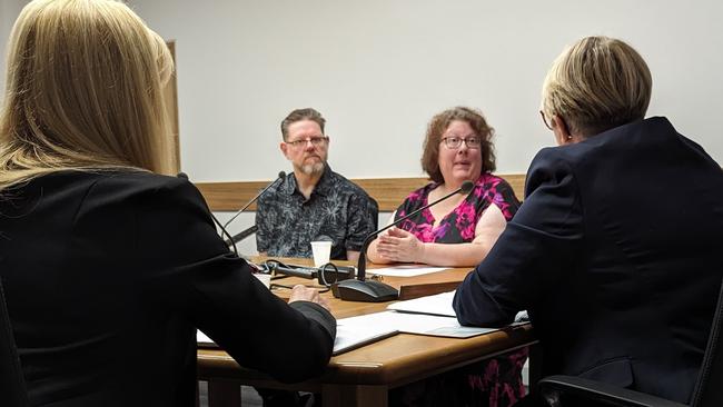 Stella and Joe Jennings give evidence to the Select Committee on Transfer of Care Delays (Ambulance Ramping) in Launceston, November 8, 2023. Picture: Supplied