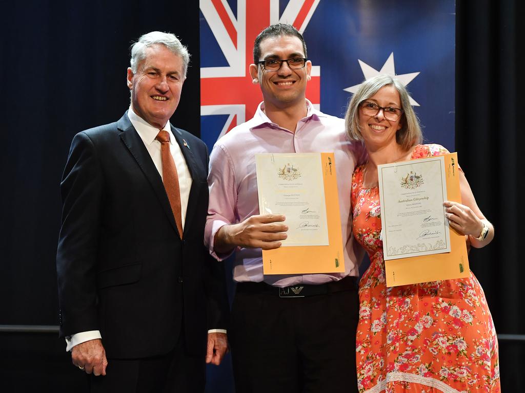 Giuseppe Butticè and Genny Mazzoni are presented with their Australian Citizenship from Mayor Greg Williamson. Picture: Tony Martin