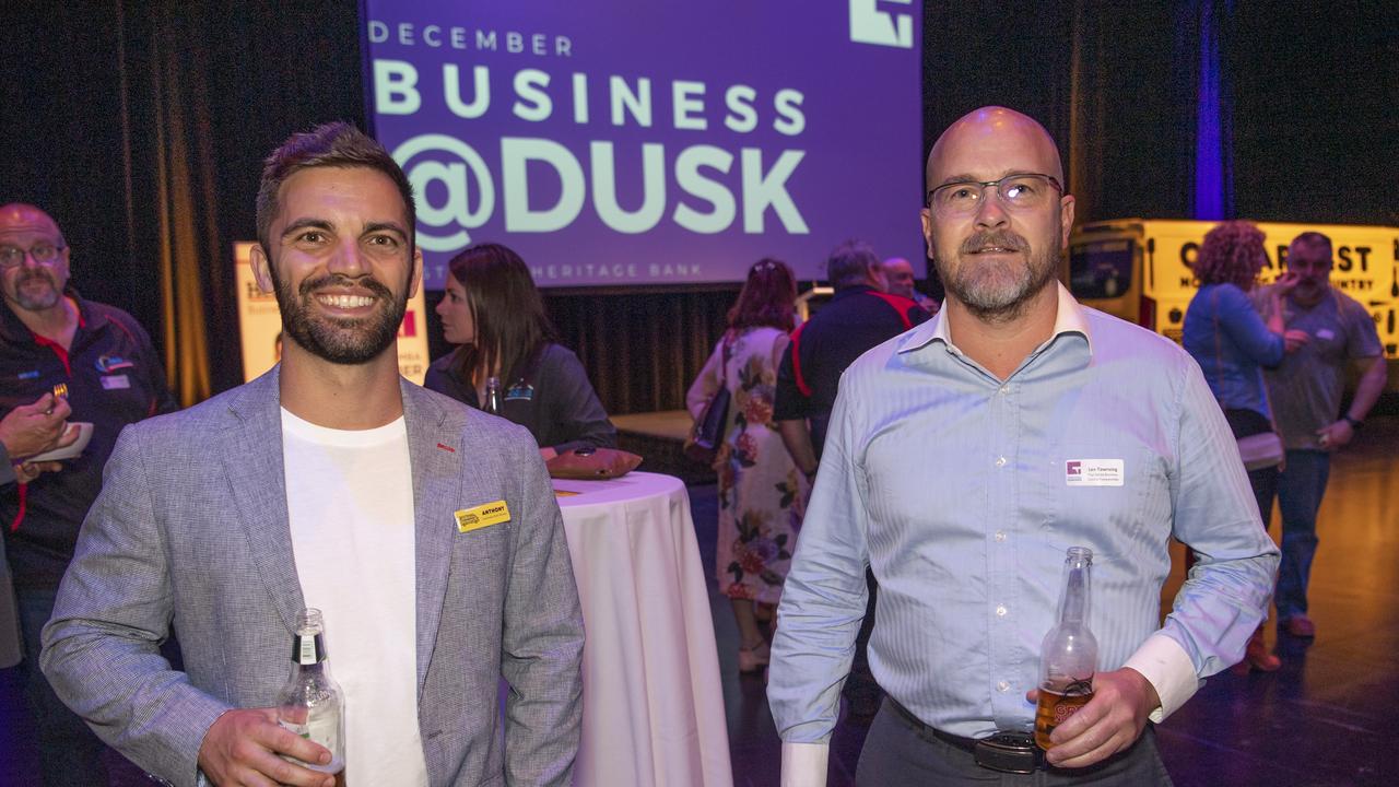 Anthony Dunne (left) and Len Townsing catch up at one of the Toowoomba Chamber of Commerce’s Business at Dusk events.