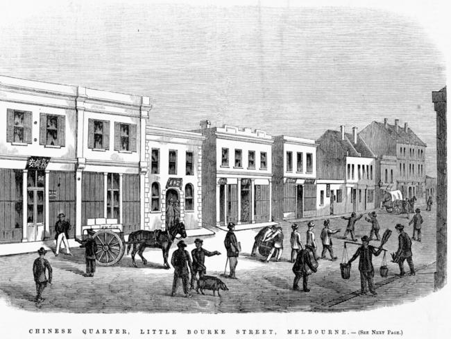 Sketch from 1863 of the Chinese Quarter in Little Bourke Street. Picture: State Library of Victoria.