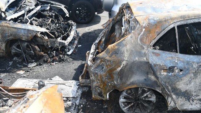 A car battery fire near Sydney Airport last week damaged multiple vehicles. Picture: NSW Fire and Rescue