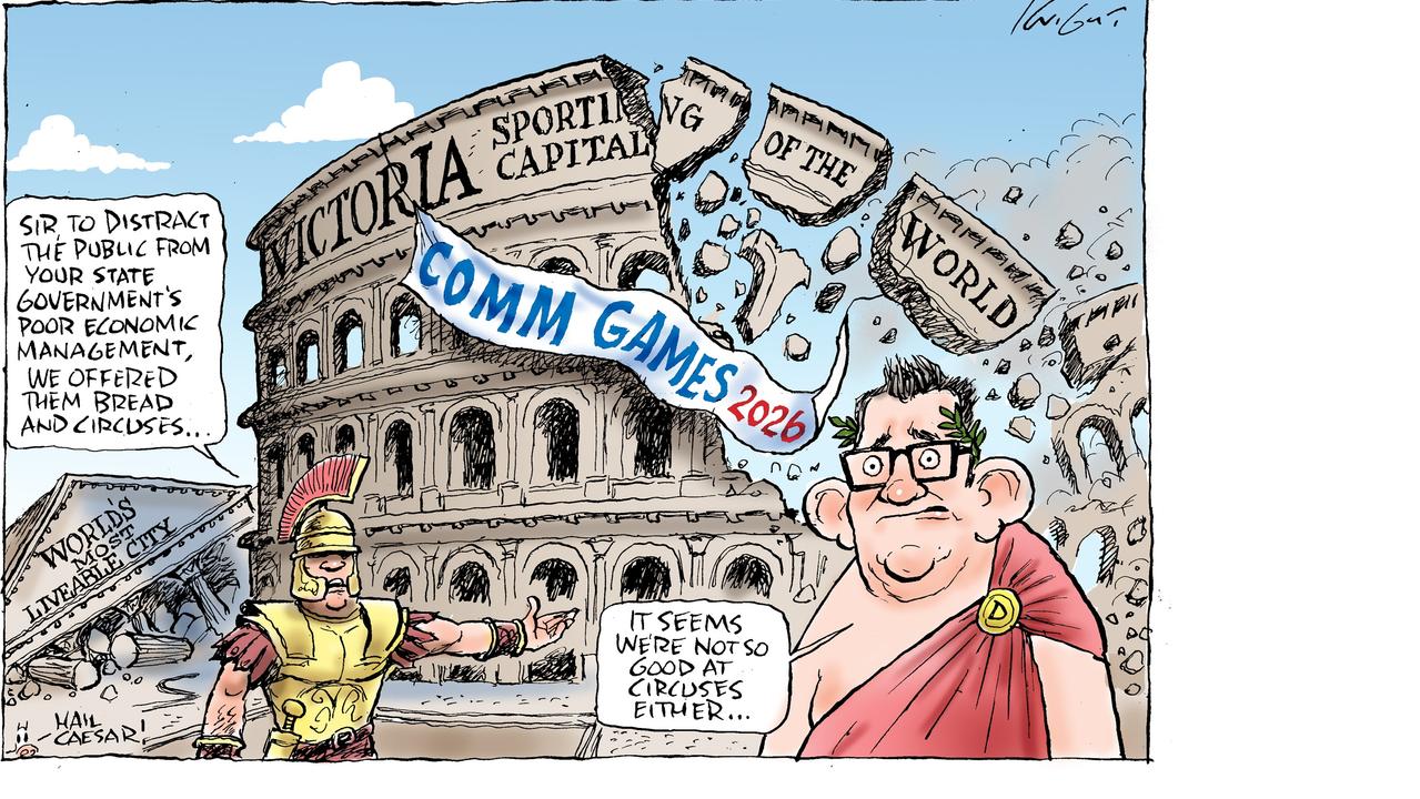 The cancelled Commonwealth Games fiasco crumbled more than the national mood in Mark Knight’s multi-layered cartoon. Picture: Mark Knight