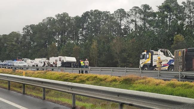 Traffic that was blocked after the rollover. Picture: Tami Bass