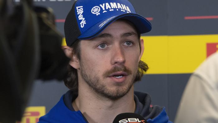 ASSEN, NETHERLANDS - APRIL 19: Remy Gardner of Australia and GYTR GRT Yamaha WorldSBK Teamspeaks with journalists in media center during the Free Practice during the FIM Superbike World Championship - Assen at TT Circuit Assen on April 19, 2024 in Assen, Netherlands. (Photo by Mirco Lazzari/Getty Images)