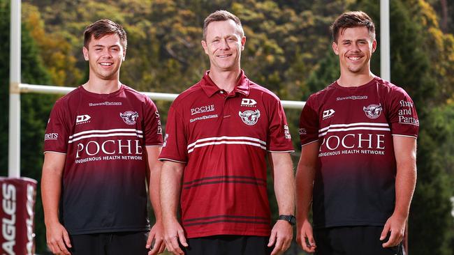 Brett Fulton, son of Manly icon Bob 'Bozo', with his two sons - Jake, 16, and Kobe, 18, ahead of their games in Harold Matthews Cup and SG Ball Cup. Picture: Justin Lloyd.