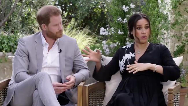 Harry and Meghan seen during their tell-all interview with Oprah Winfrey. Picture: CBS