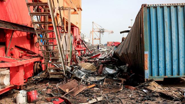 Debris litters a loading dock a day after Israeli strikes on Hodeida, Yemen. Picture: AFP