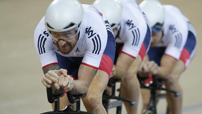 Bradley Wiggins leads Great Britain’s team pursuit outfit during a qualifying round at the World Track Cycling championships in London earlier this year.