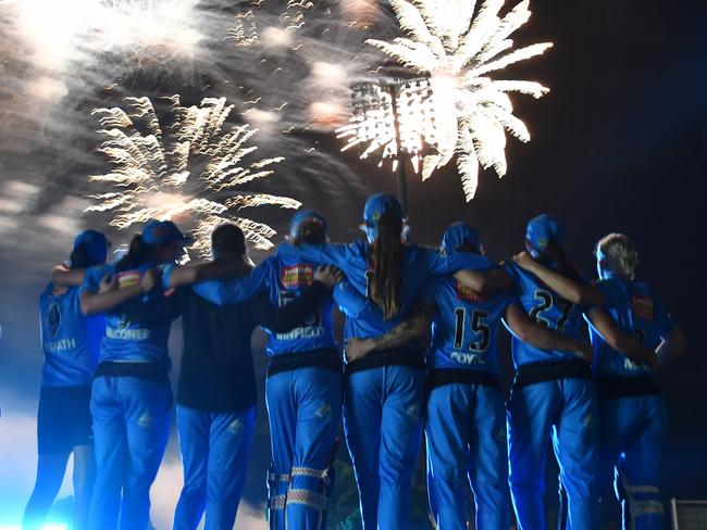 Scenes! Strikers players watch the fireworks after winning the WBBL match against Brisbane Heat in Mackay on November 2. Picture: AAP IMAGE/DARREN ENGLAND