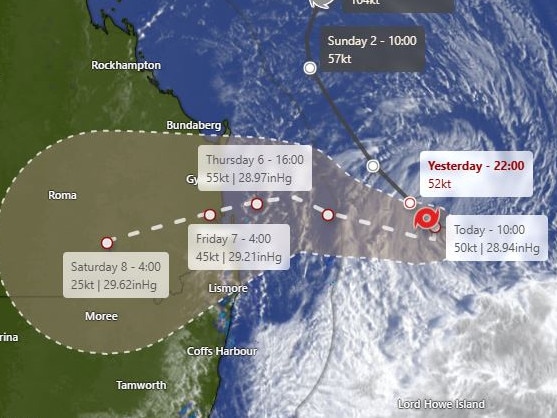 Tropical Cyclone Alfred's predicted path as of 6.30am Tuesday. Picture: Windy