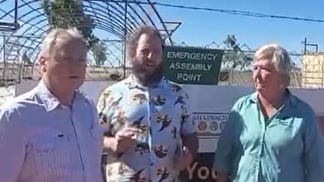 Steve Edgington, Jeffrey McLaughlin and Dr Sam McMahon touting progress on the Ali Curung Youth Centre in April 2021. The project has completely stalled. Picture: Facebook/ Steve Edgington MLA : Member for Barkly