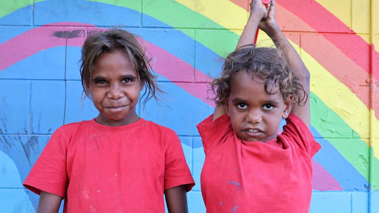 Kirsty-Lee, 8, and Eden Pareroultja, 7, spend their afternoons at the Hidden Valley community centre. Picture: Riley Walter