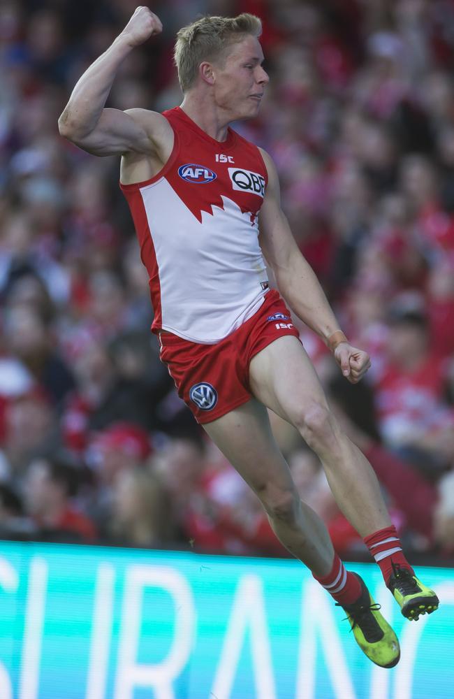 Isaac Heeney celebrates one of his three goals. Picture: AAP