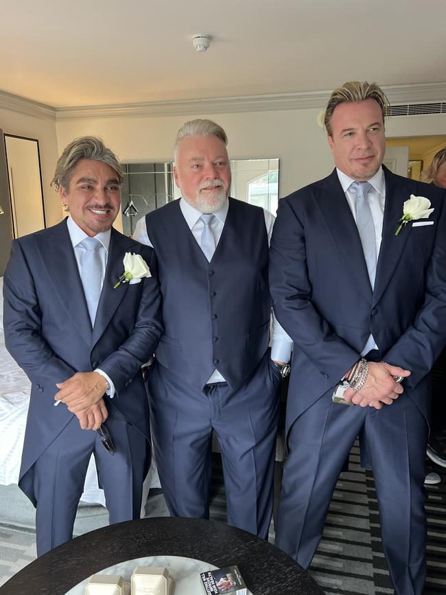 Kyle Sandilands alongside his groomsmen John Ibrahim and Simon Main ahead of his wedding. Picture: Instagram