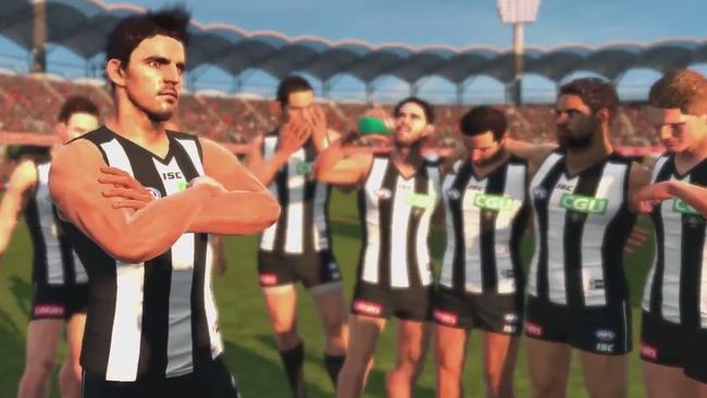 Collingwood captain Scott Pendlebury talks to his teammates in a screenshot from the newly released AFL Evolution trailer.