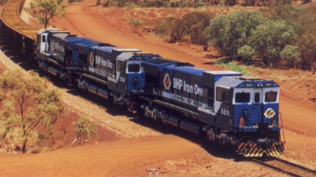 A BHP train carrying iron ore to Port Hedland.