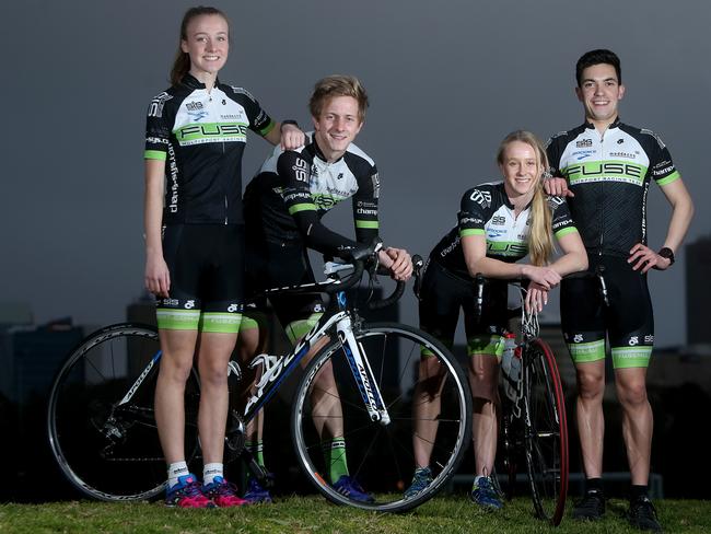 Adelaide athletes Fern Davies (16), Jason Matulick (23), Sarah Short (19) and Daniel Canala (18) preparing for the city to host the Duathlon World Championships. Photo: Simon Cross.