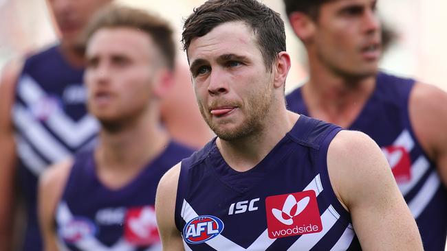 Hayden Ballantyne leaves the ground after a Fremantle loss. Picture: Getty Images